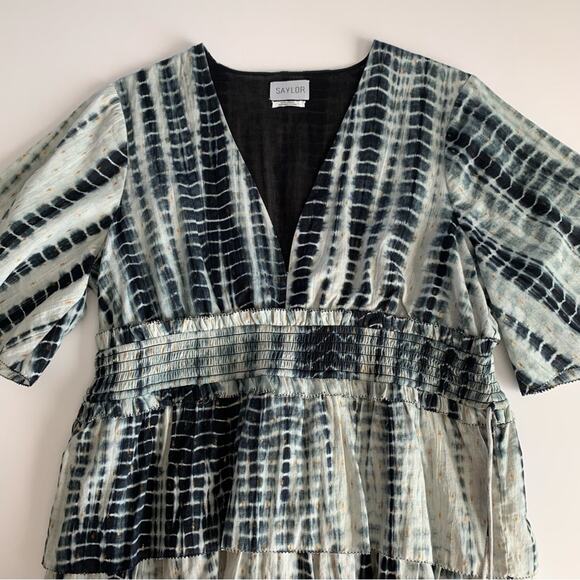 Saylor Syden Navy Tie Dye Gold Metallic V-neck Tiered Boho Mini Dress Large - Picture 3 of 12